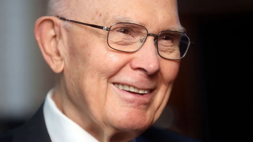 Portrait photo of Dallin H. Oaks with text about his role as the new Mormon prophet