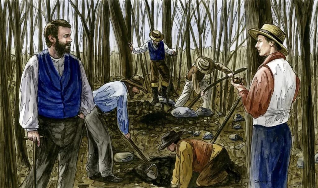 Anthony Sweat painting of Joseph Smith finding a seer stone while digging a well