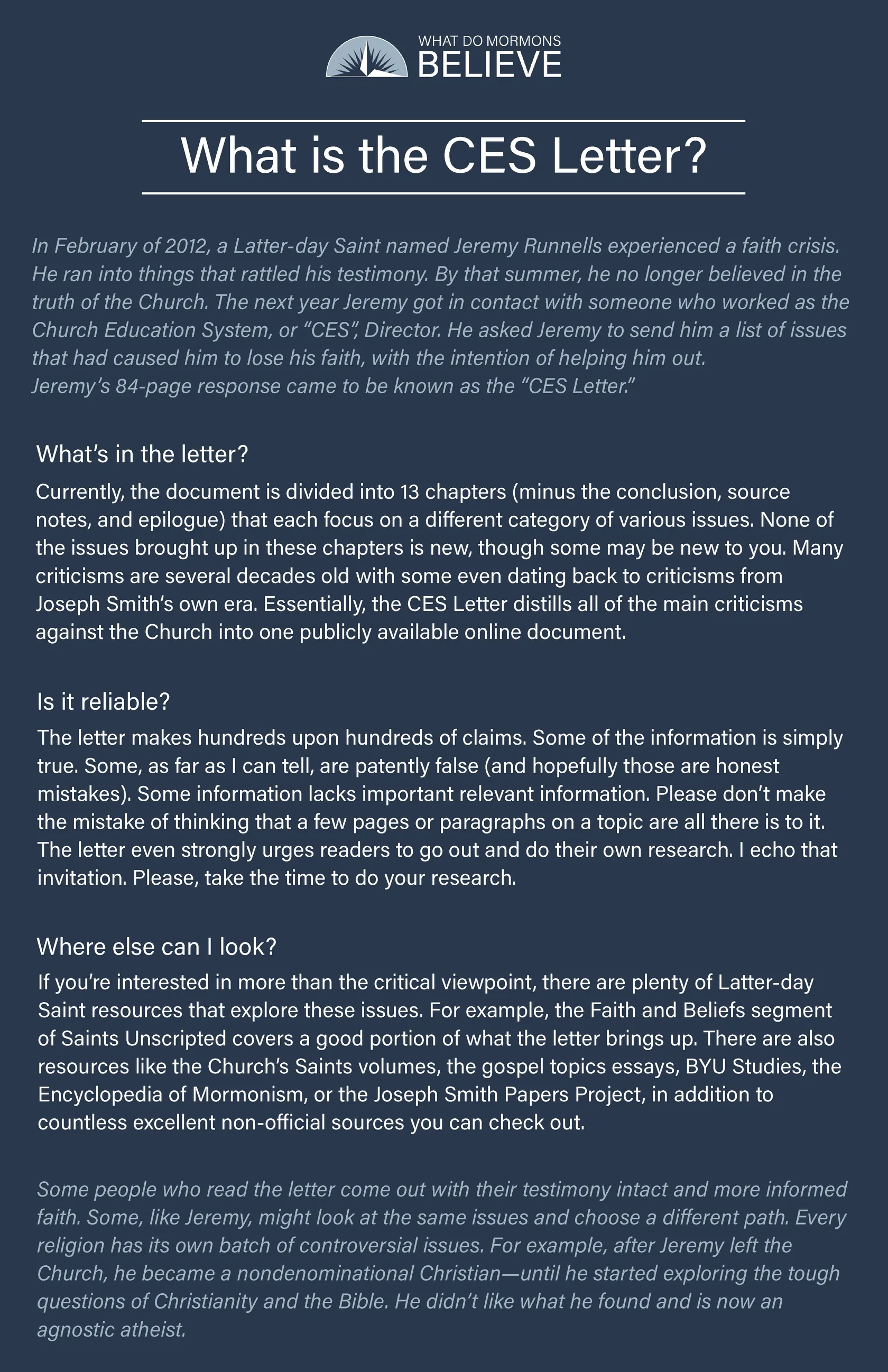 The CES Letter: a critical examination of Mormon Church claims and history