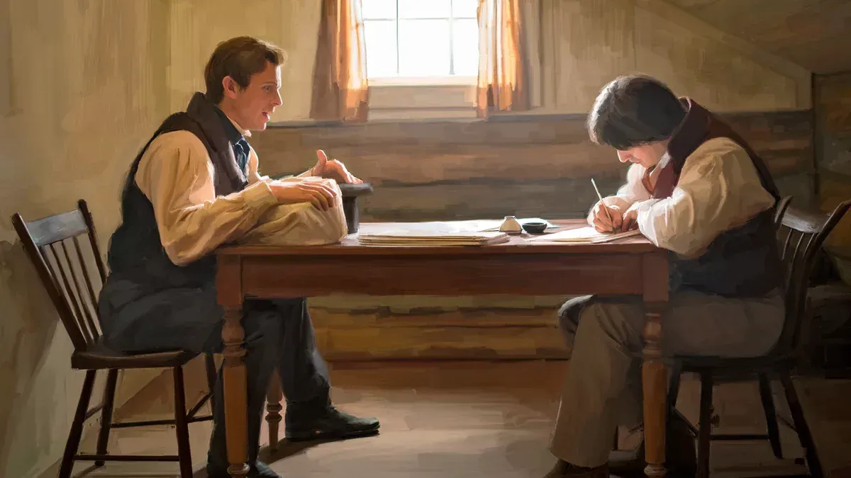 Painting of Joseph Smith dictating the Book of Mormon translation to a scribe at a table