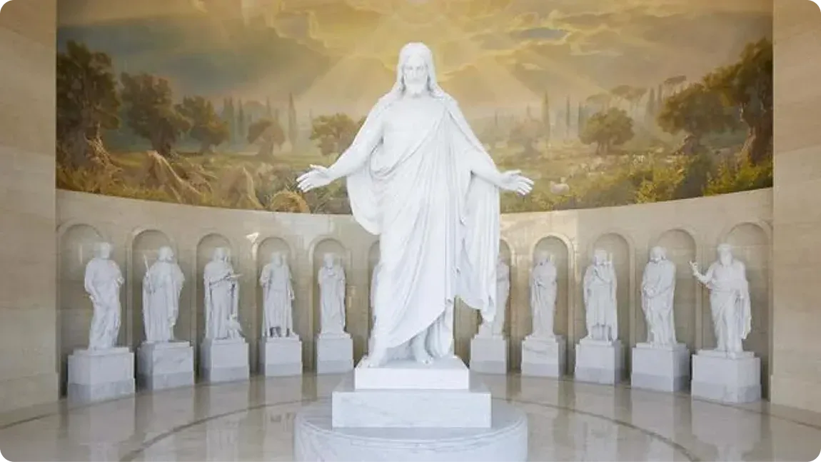 The Christus and statues of the Twelve Apostles at Rome Italy Temple Visitors' Center