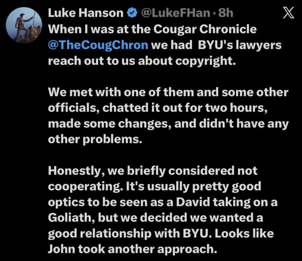 Social media screenshot showing BYU staffer's account of copyright cooperation