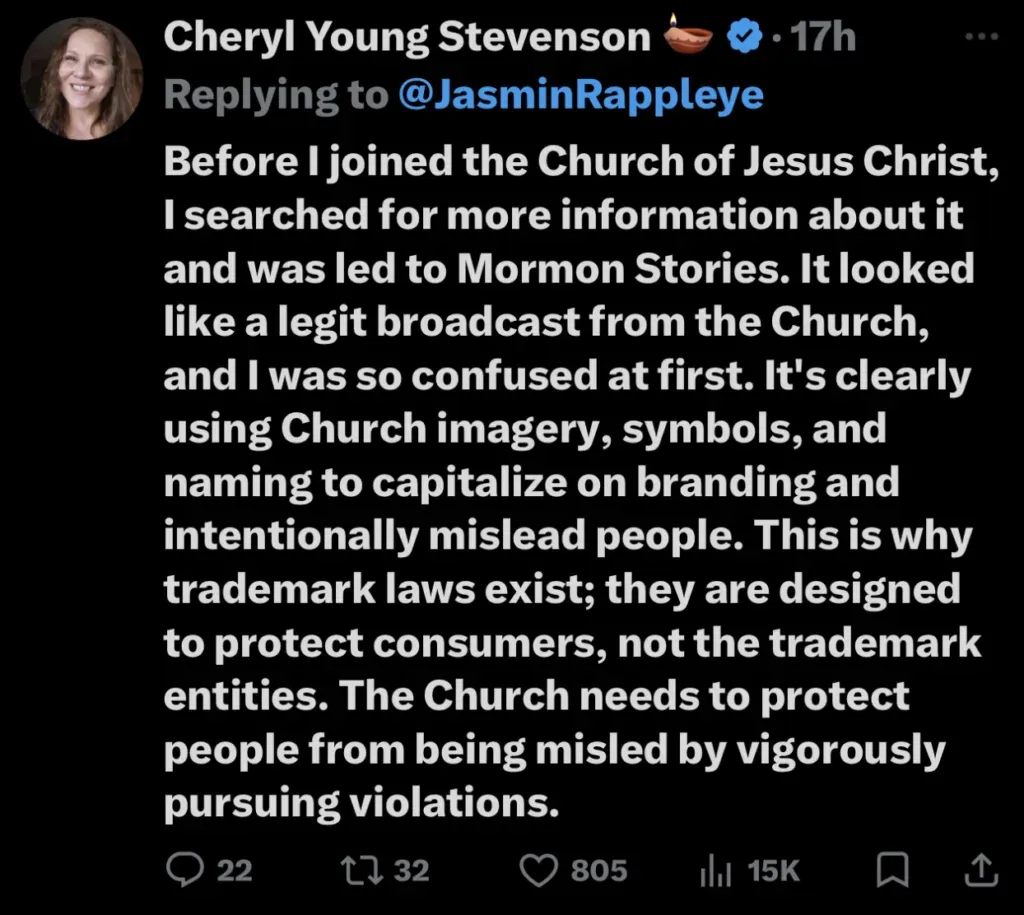Social media screenshot showing user commenting they initially thought Mormon Stories was church affiliated