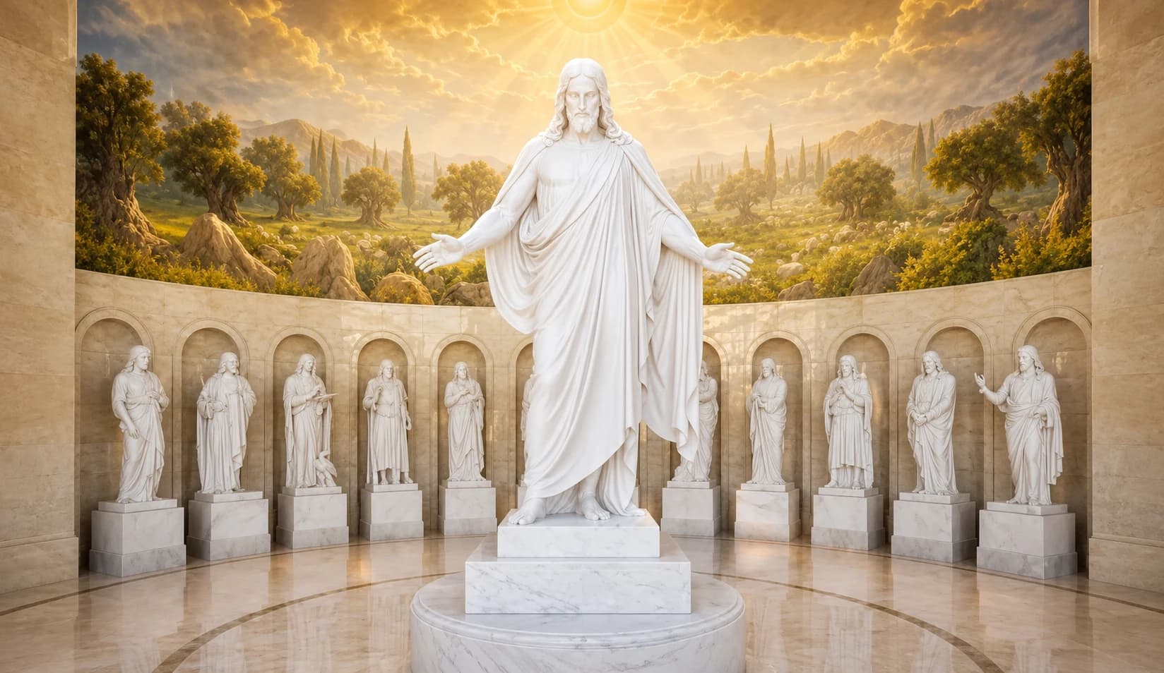 A white Christus statue standing in a domed rotunda lined with columns.