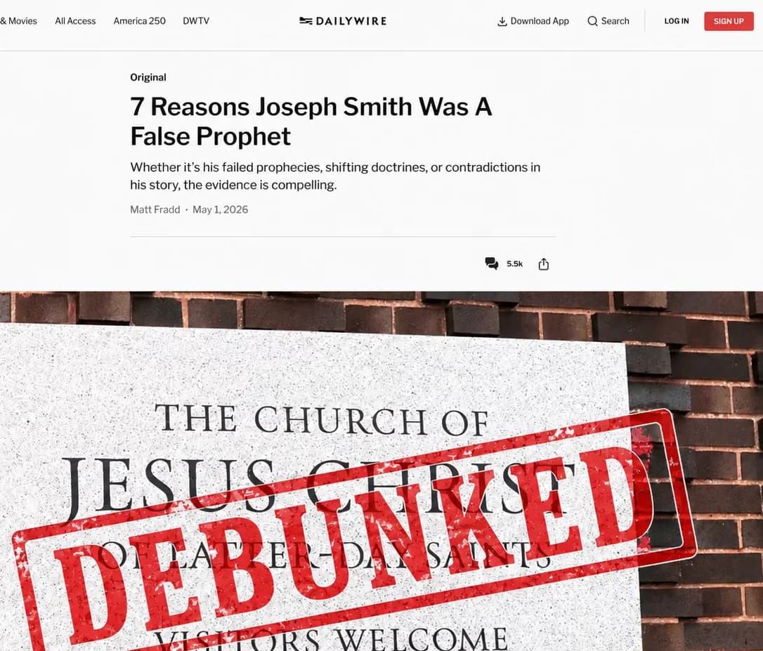 A Daily Wire article by Matt Fradd headed 7 Reasons Joseph Smith Was A False Prophet, above a Church of Jesus Christ of Latter-day Saints sign stamped DEBUNKED in red.