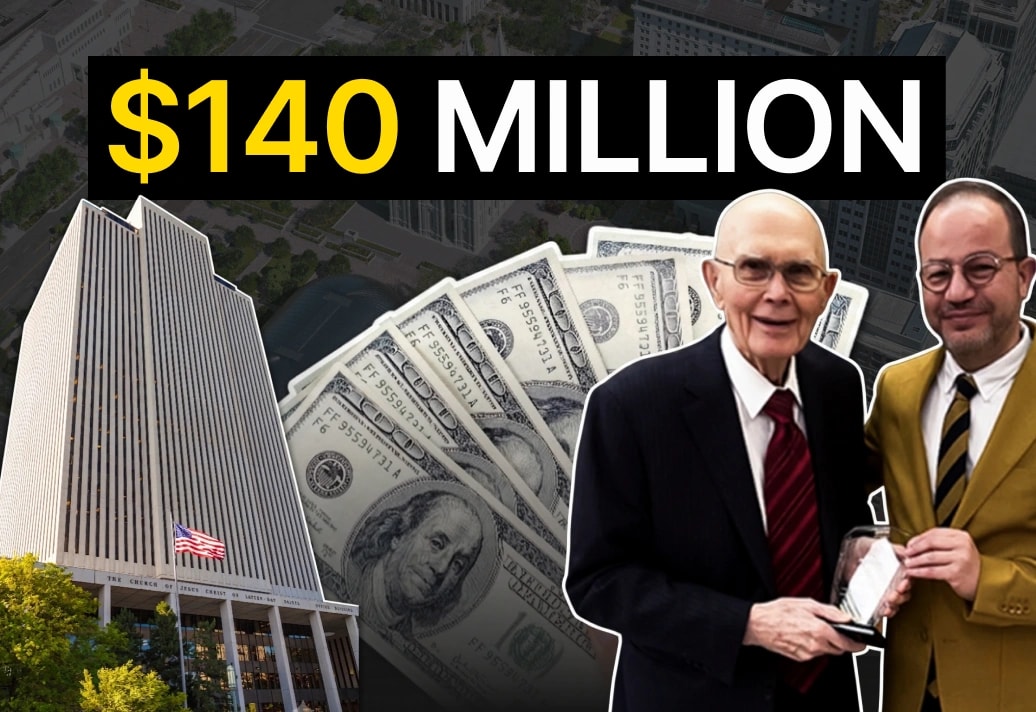 "$140 Million" over the Church Office Building, cash, and two men at a press conference.