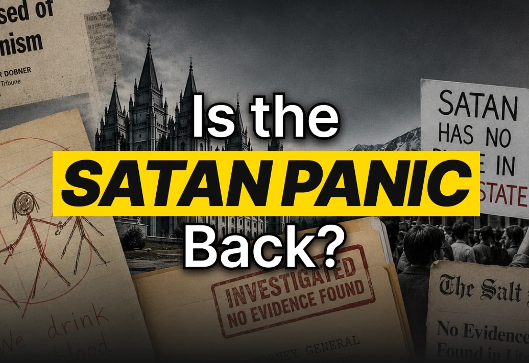 "Is the Satan Panic Back?" over newspaper clippings and a protest sign reading 'Satan has no place in our state'.