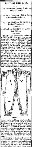 Historical newspaper clipping from the 1879 Salt Lake Tribune 'Lifting the Veil' article about Mormon temple garments