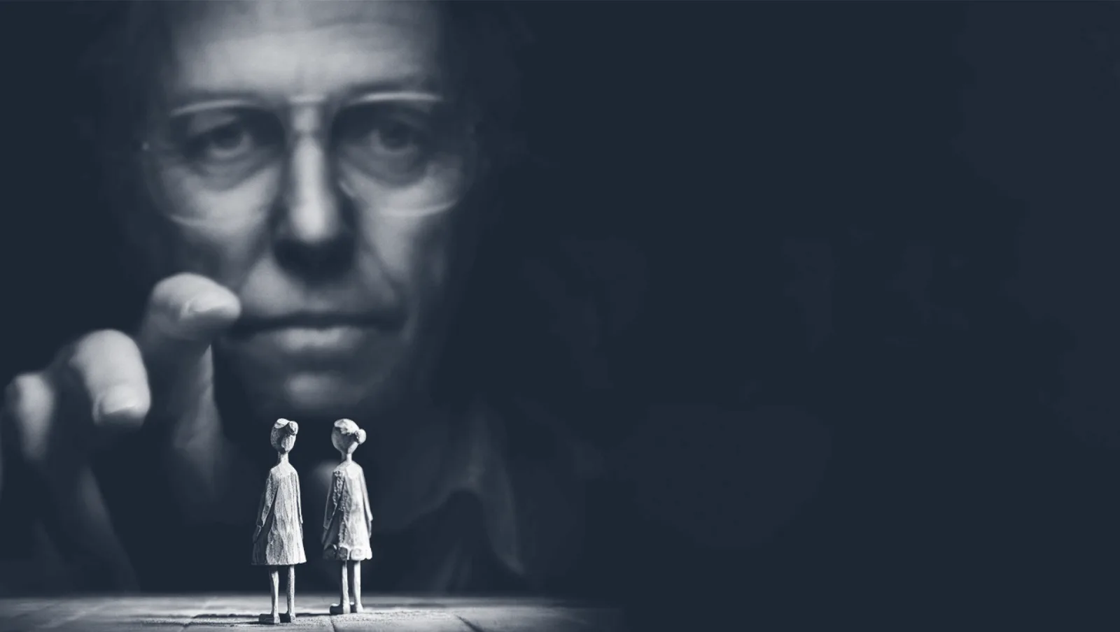 Heretic promotional art: Mr. Reed looming over two small figures of sister missionaries