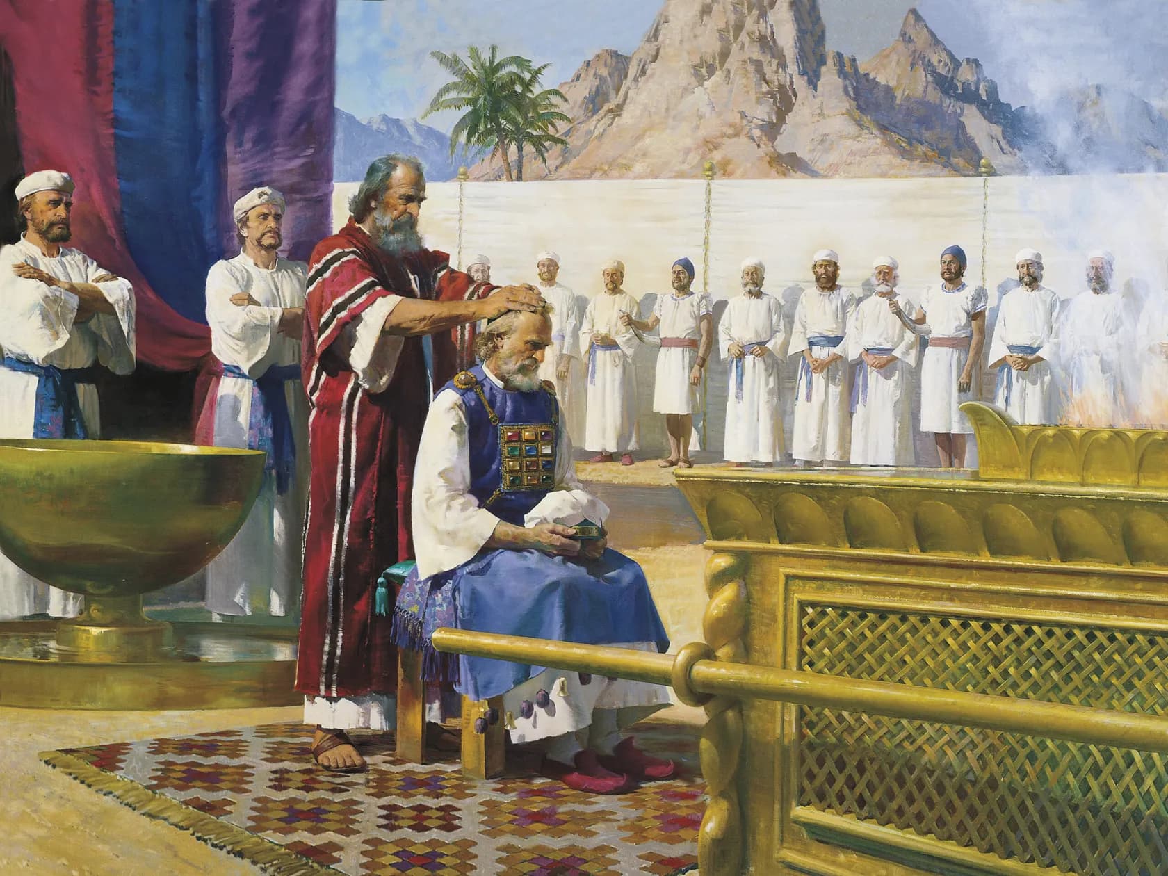 Interior of a Mormon temple showing high altar with golden appointments and arched architecture