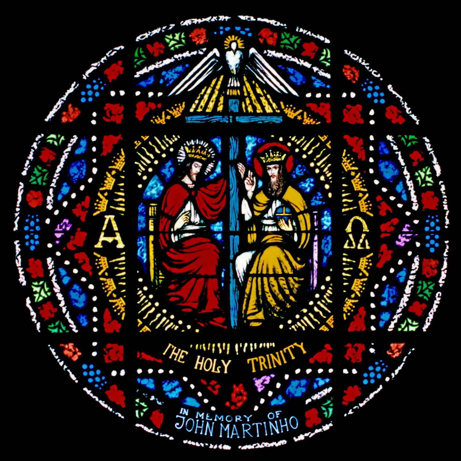 Stained glass window depicting the Holy Trinity at St. Jarlath Catholic Church, Oakland, California
