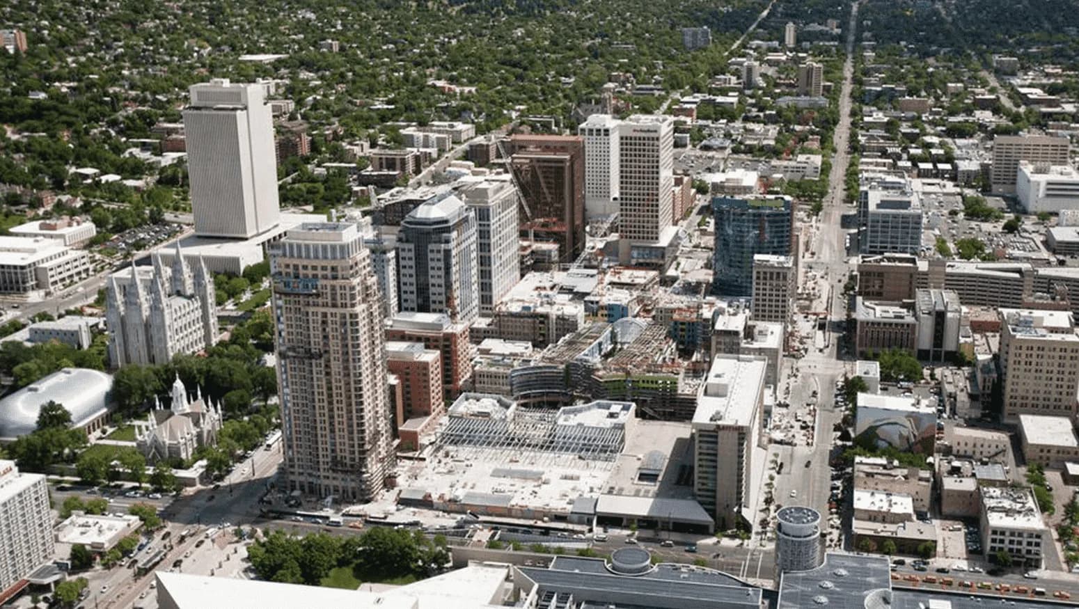 Aerial view of downtown Salt Lake City and Temple Square