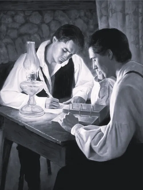 Joseph Smith translating with Oliver Cowdery as scribe, representing the revelation of plural marriage doctrine